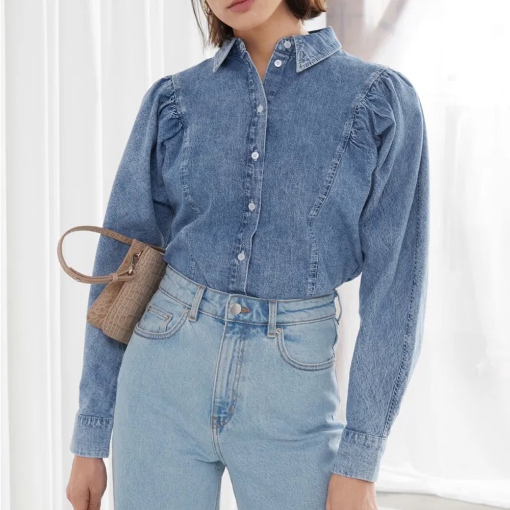 & Other Stories Puff Shoulder Cotton Denim Collared Button Down Shirt size 0